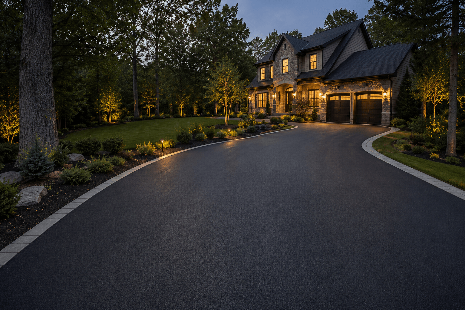 Freshly paved residential driveway at dusk
